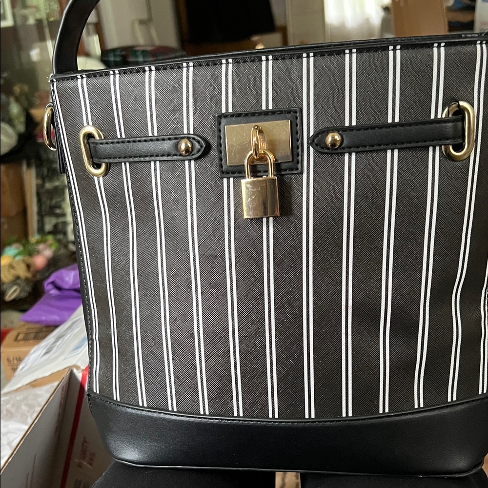 Adrienne Vittadini Black and White Striped Shoulder Bag